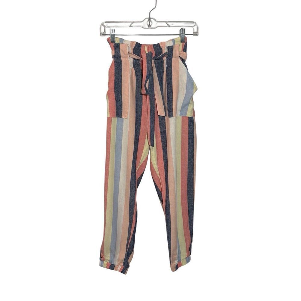 Indigo Rein striped linen blend high waisted joggers with waist tie and pockets